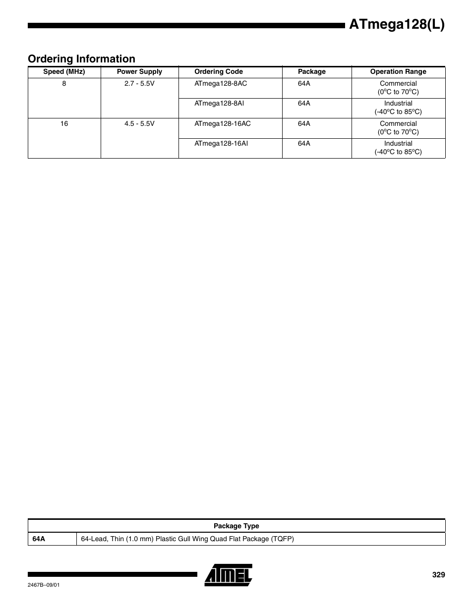 Ordering information, Atmega128(l) | Rainbow Electronics ATmega128L User Manual | Page 329 / 331