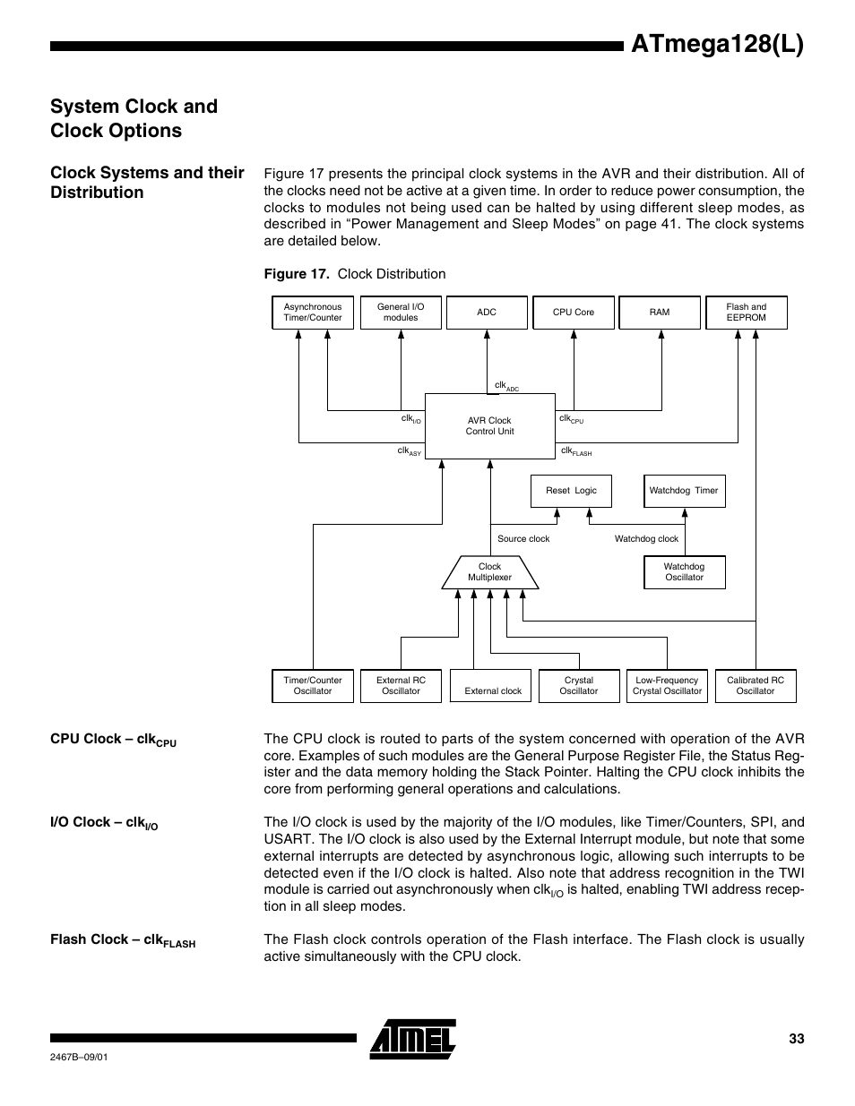 System clock and clock options, Clock systems and their distribution, Cpu clock – clkcpu | I/o clock – clki/o, Flash clock – clkflash, Atmega128(l) | Rainbow Electronics ATmega128L User Manual | Page 33 / 331