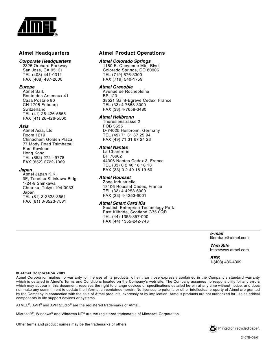 Atmel headquarters atmel product operations | Rainbow Electronics ATmega128L User Manual | Page 331 / 331