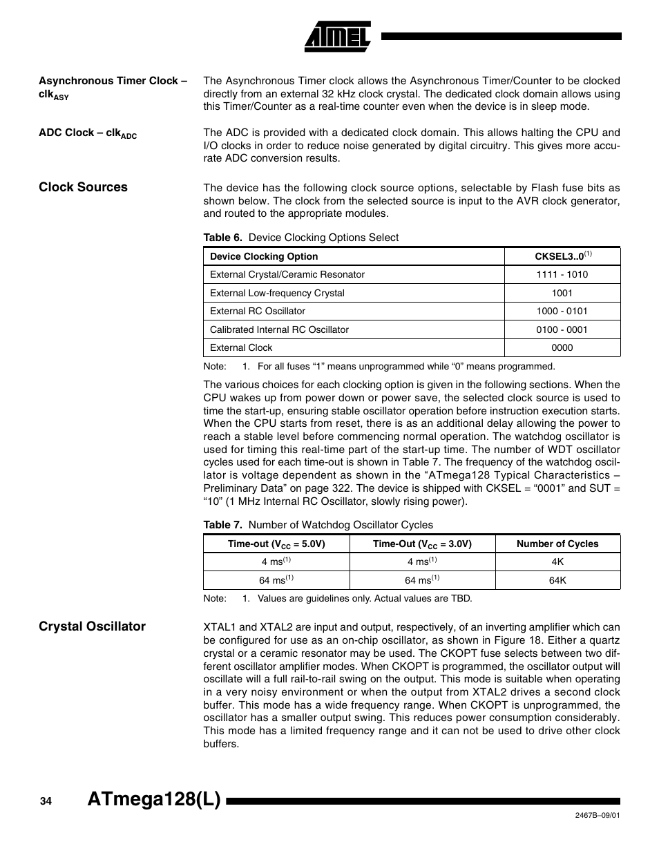 Asynchronous timer clock – clkasy, Adc clock – clkadc, Clock sources | Crystal oscillator, Atmega128(l) | Rainbow Electronics ATmega128L User Manual | Page 34 / 331