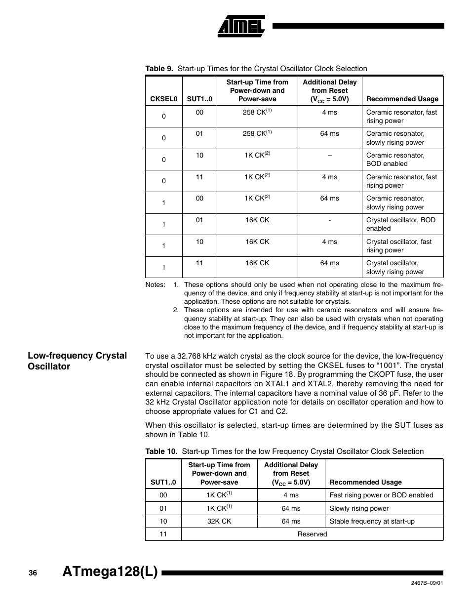 Low-frequency crystal oscillator, Table 9, Atmega128(l) | Rainbow Electronics ATmega128L User Manual | Page 36 / 331