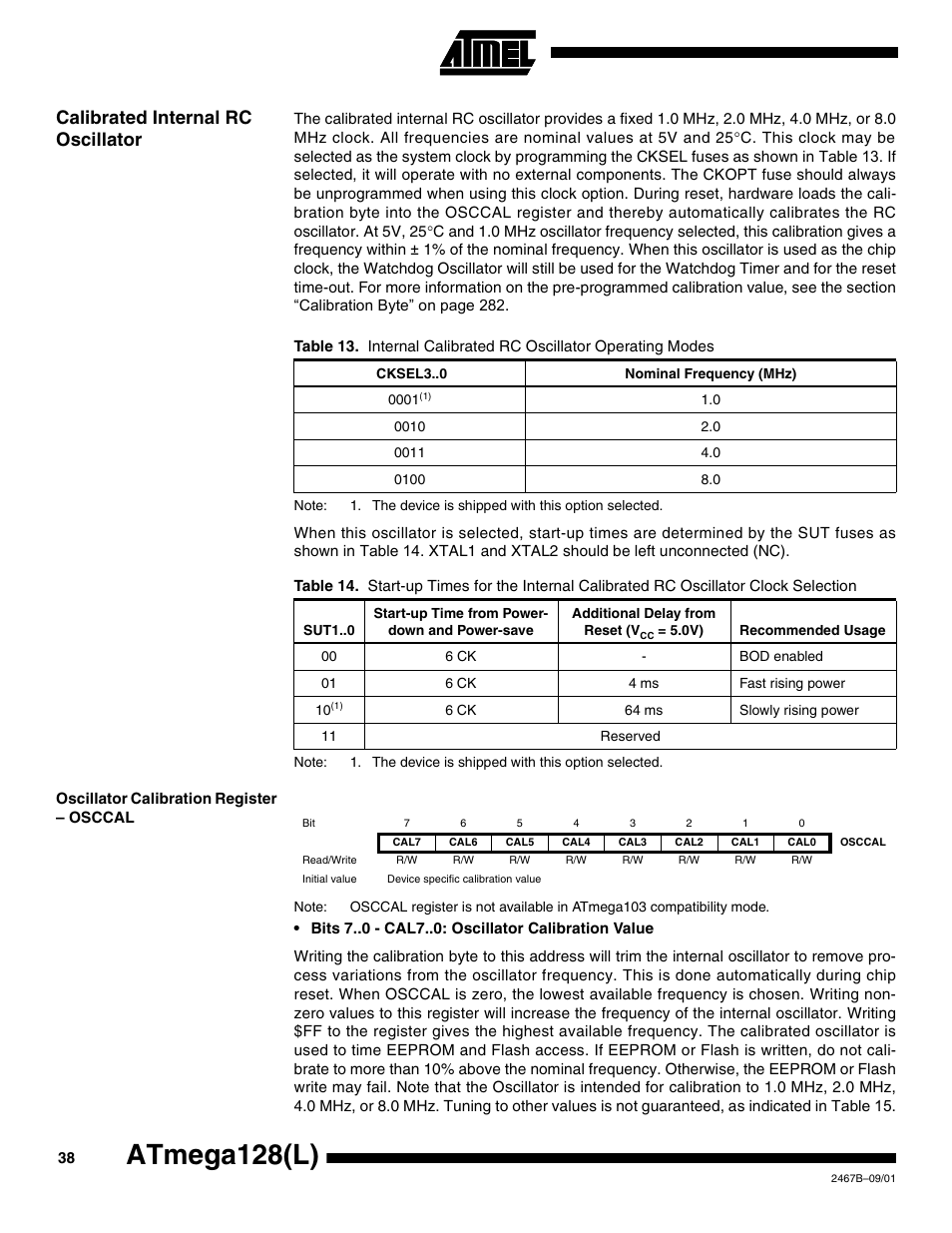 Calibrated internal rc oscillator, Oscillator calibration register – osccal, Atmega128(l) | Rainbow Electronics ATmega128L User Manual | Page 38 / 331