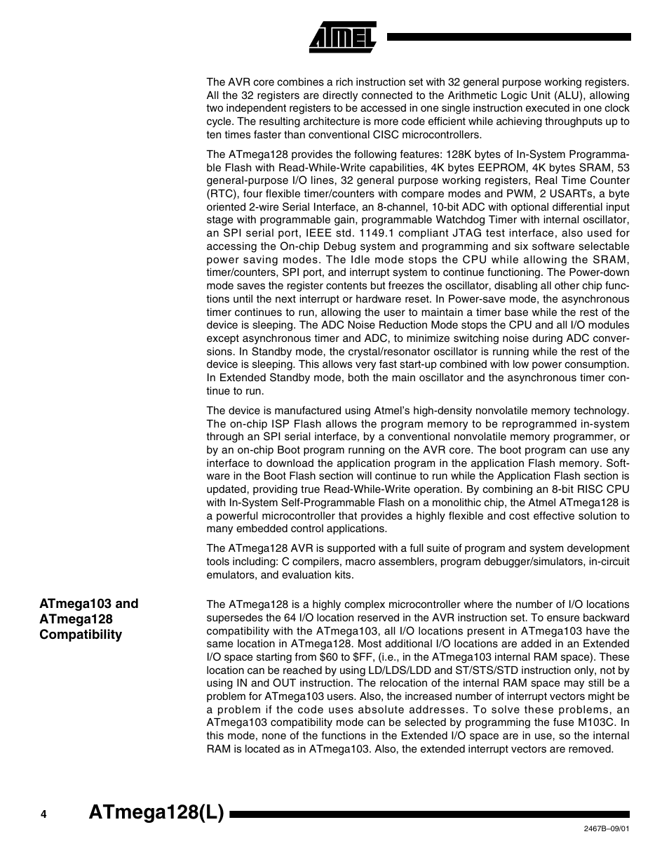 Atmega103 and atmega128 compatibility, Atmega128(l) | Rainbow Electronics ATmega128L User Manual | Page 4 / 331
