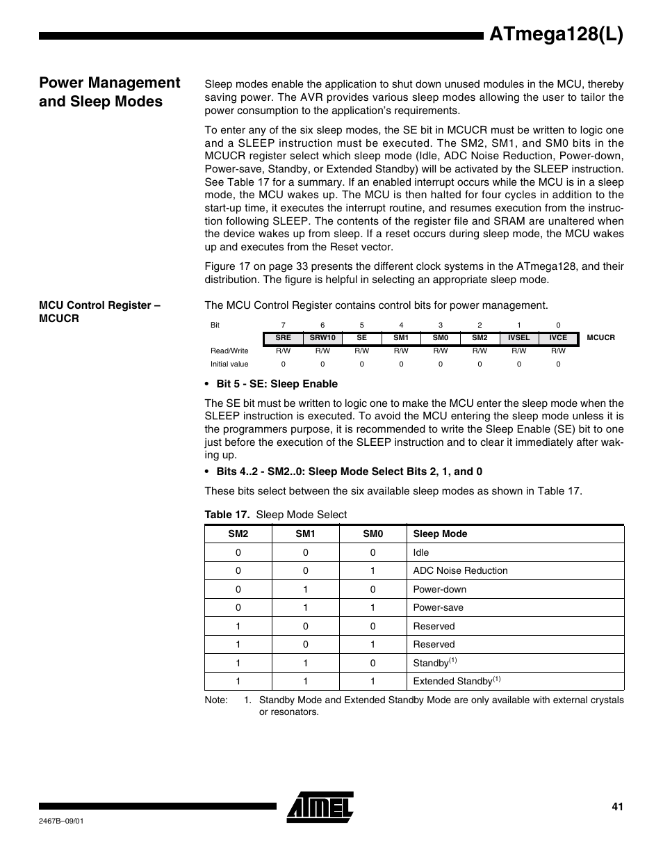 Power management and sleep modes, Mcu control register – mcucr, Atmega128(l) | Rainbow Electronics ATmega128L User Manual | Page 41 / 331