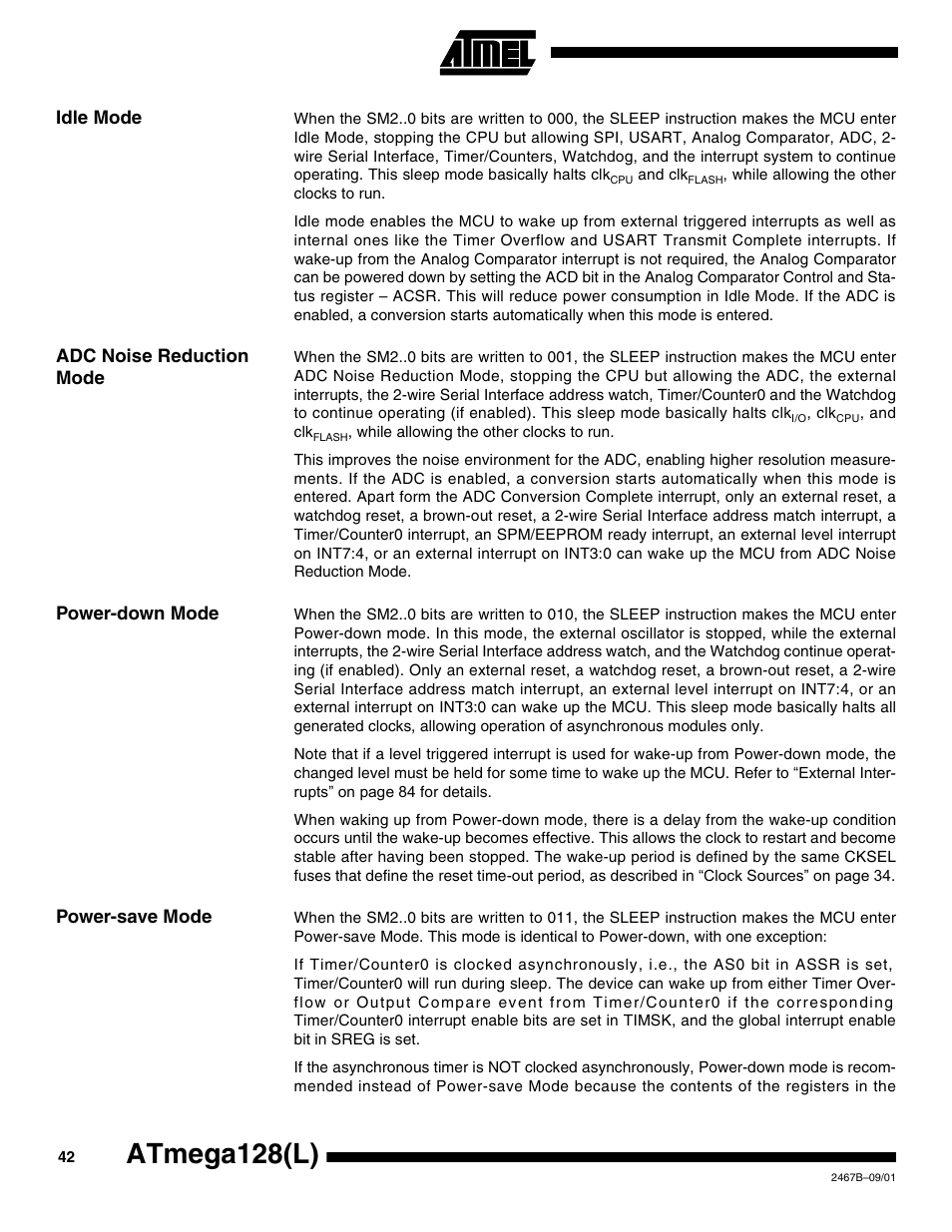 Idle mode, Adc noise reduction mode, Power-down mode | Power-save mode, Atmega128(l) | Rainbow Electronics ATmega128L User Manual | Page 42 / 331