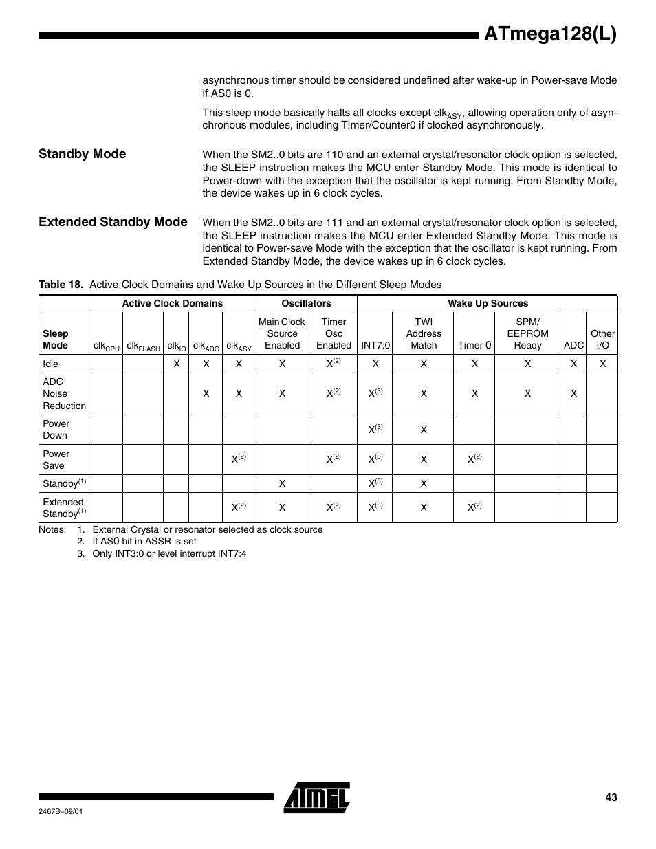 Standby mode, Extended standby mode, Atmega128(l) | Rainbow Electronics ATmega128L User Manual | Page 43 / 331