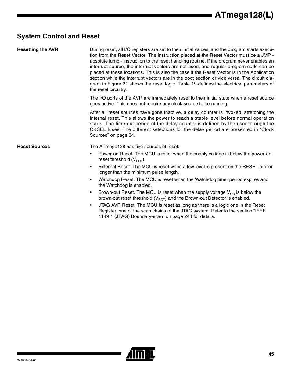System control and reset, Resetting the avr, Reset sources | Atmega128(l) | Rainbow Electronics ATmega128L User Manual | Page 45 / 331