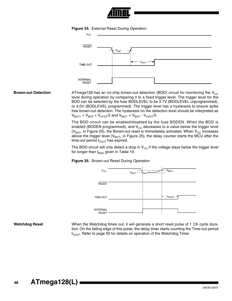 Brown-out detection, Watchdog reset, Atmega128(l) | Rainbow Electronics ATmega128L User Manual | Page 48 / 331