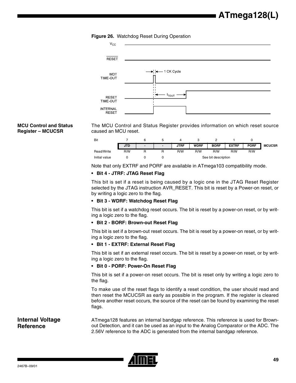 Mcu control and status register – mcucsr, Internal voltage reference, Atmega128(l) | Rainbow Electronics ATmega128L User Manual | Page 49 / 331