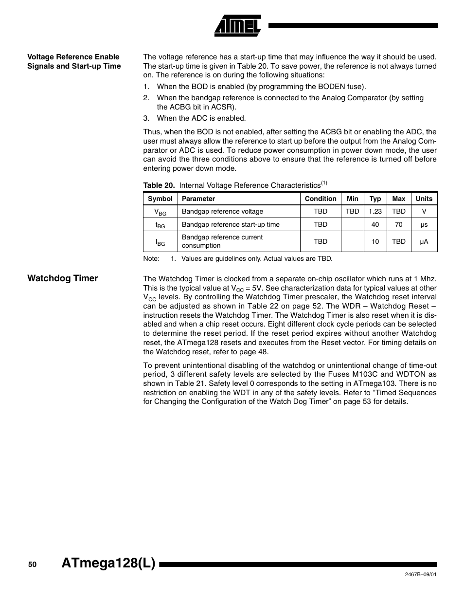 Voltage reference enable signals and start-up time, Watchdog timer, Atmega128(l) | Rainbow Electronics ATmega128L User Manual | Page 50 / 331