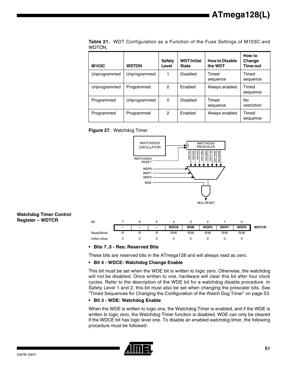 Watchdog timer control register – wdtcr, Table 21. s, Atmega128(l) | Rainbow Electronics ATmega128L User Manual | Page 51 / 331