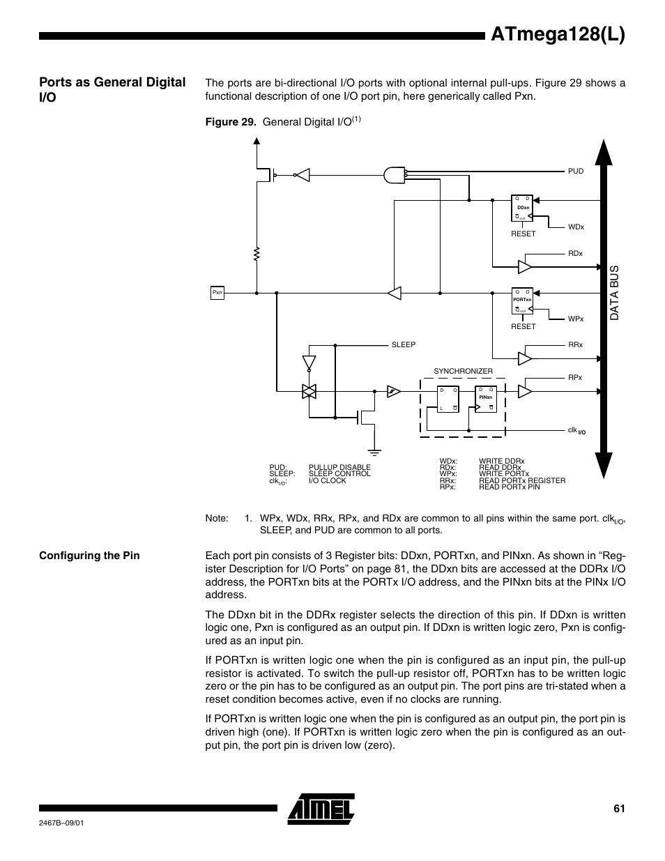 Ports as general digital i/o, Configuring the pin, Ports as general digital i/o” on | Atmega128(l), Data bus, Sleep, and pud are common to all ports | Rainbow Electronics ATmega128L User Manual | Page 61 / 331