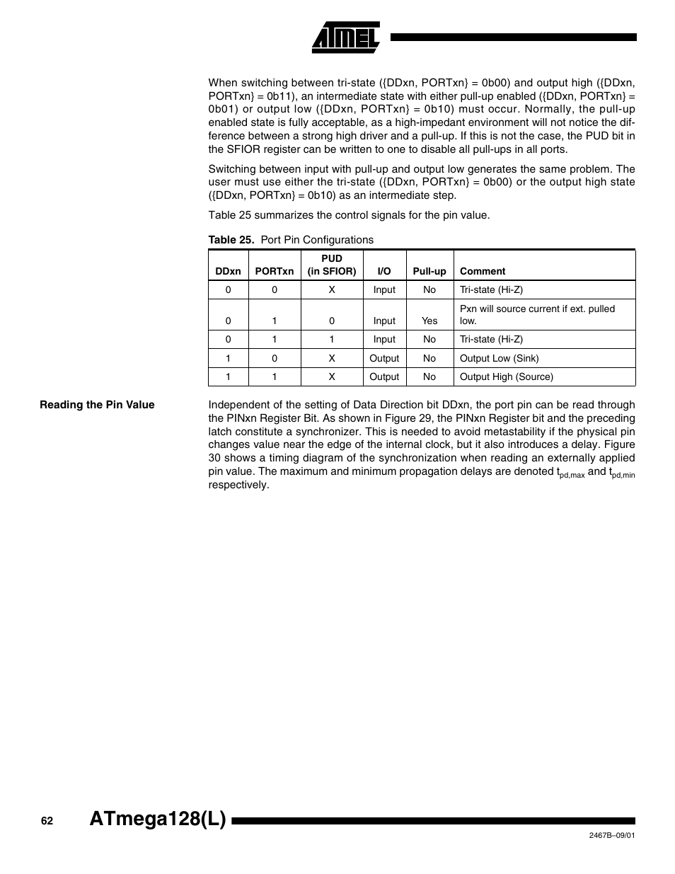 Reading the pin value, Atmega128(l) | Rainbow Electronics ATmega128L User Manual | Page 62 / 331