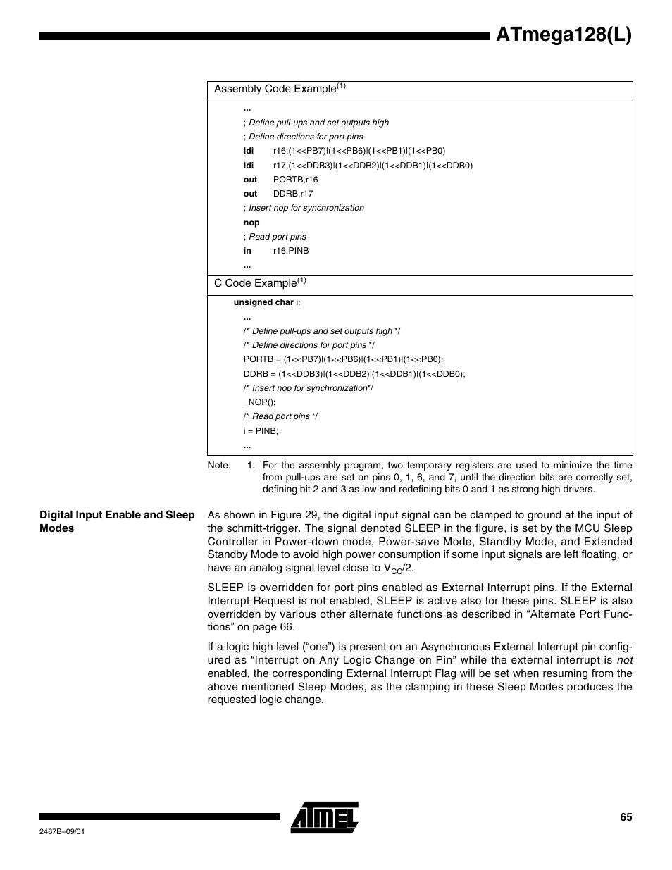 Digital input enable and sleep modes, Digital input, Atmega128(l) | Rainbow Electronics ATmega128L User Manual | Page 65 / 331