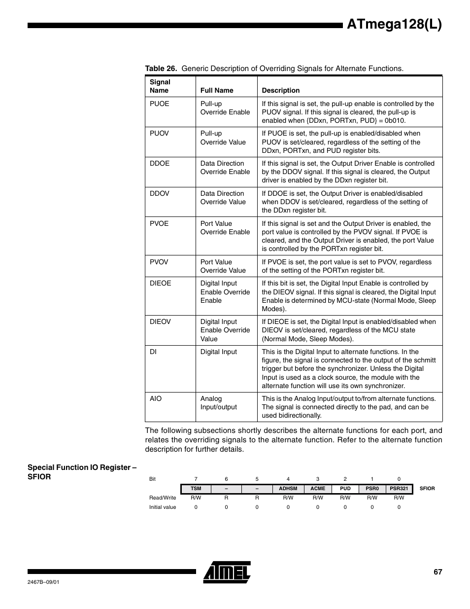 Special function io register – sfior, Table 26, Atmega128(l) | Rainbow Electronics ATmega128L User Manual | Page 67 / 331