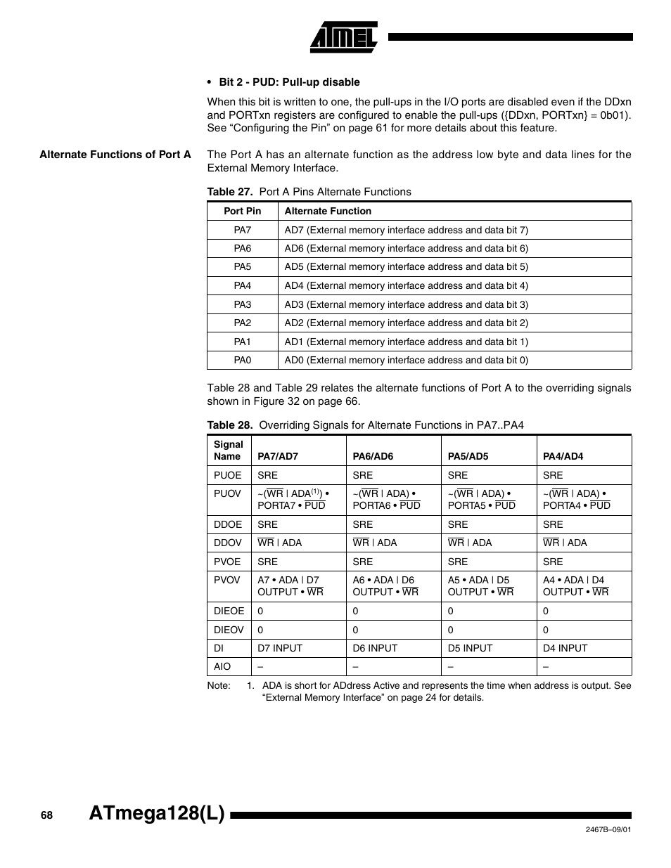 Alternate functions of port a, Atmega128(l) | Rainbow Electronics ATmega128L User Manual | Page 68 / 331