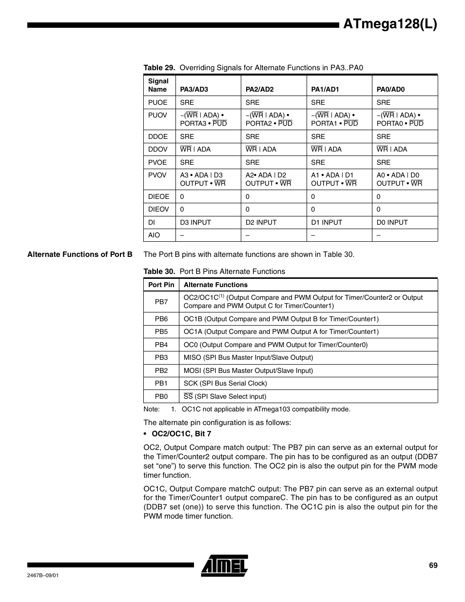 Alternate functions of port b, Table 29 r, Atmega128(l) | Rainbow Electronics ATmega128L User Manual | Page 69 / 331