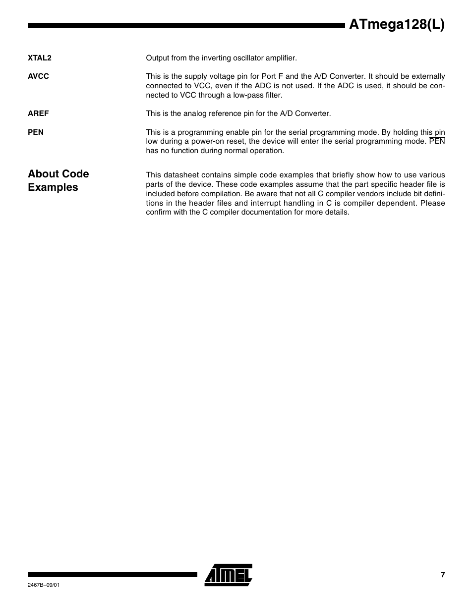 Xtal2, Avcc, Aref | About code examples, Atmega128(l) | Rainbow Electronics ATmega128L User Manual | Page 7 / 331