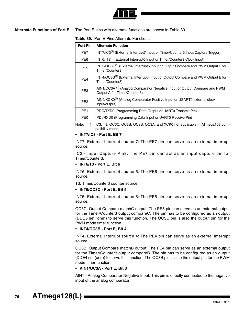 Alternate functions of port e, Atmega128(l) | Rainbow Electronics ATmega128L User Manual | Page 76 / 331