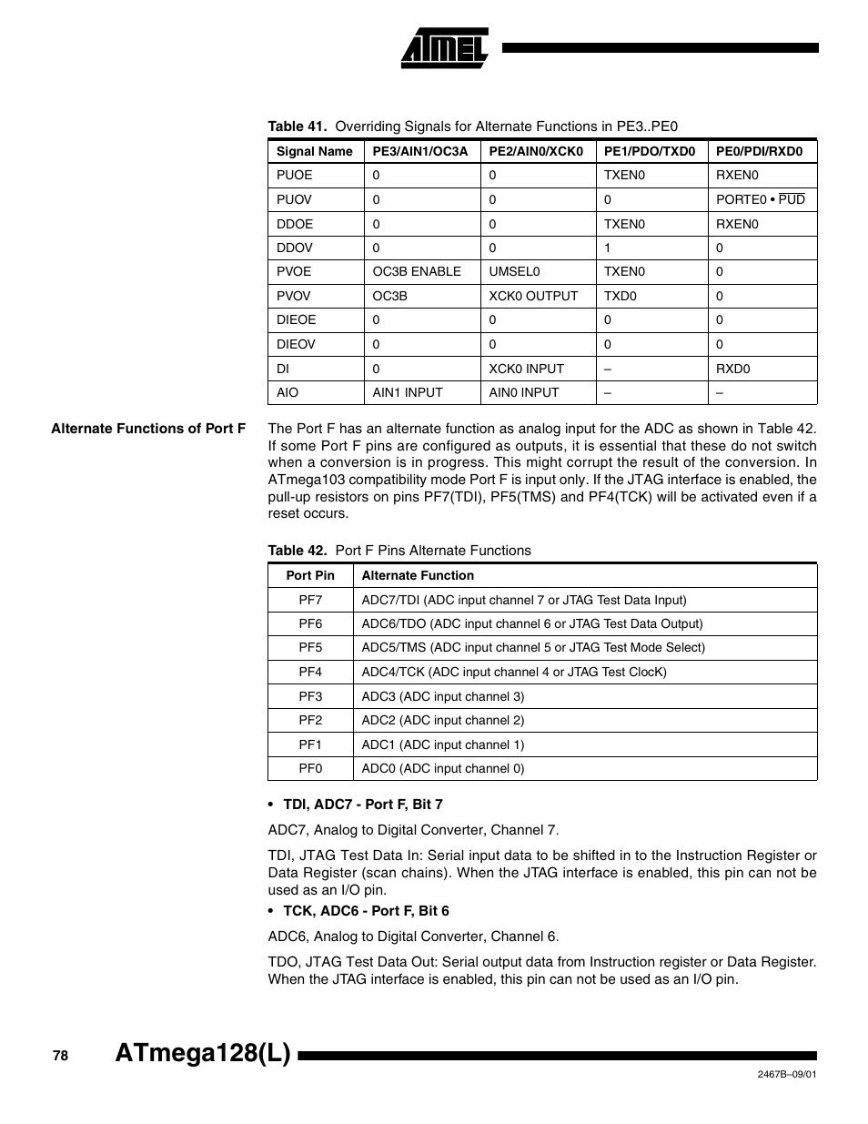 Alternate functions of port f, Table 41 r, Atmega128(l) | Rainbow Electronics ATmega128L User Manual | Page 78 / 331