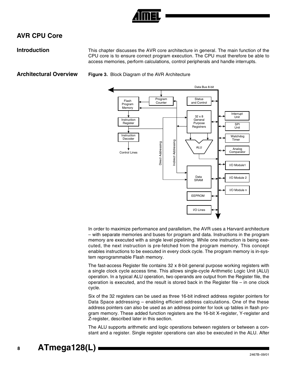 Avr cpu core, Introduction, Architectural overview | Atmega128(l) | Rainbow Electronics ATmega128L User Manual | Page 8 / 331