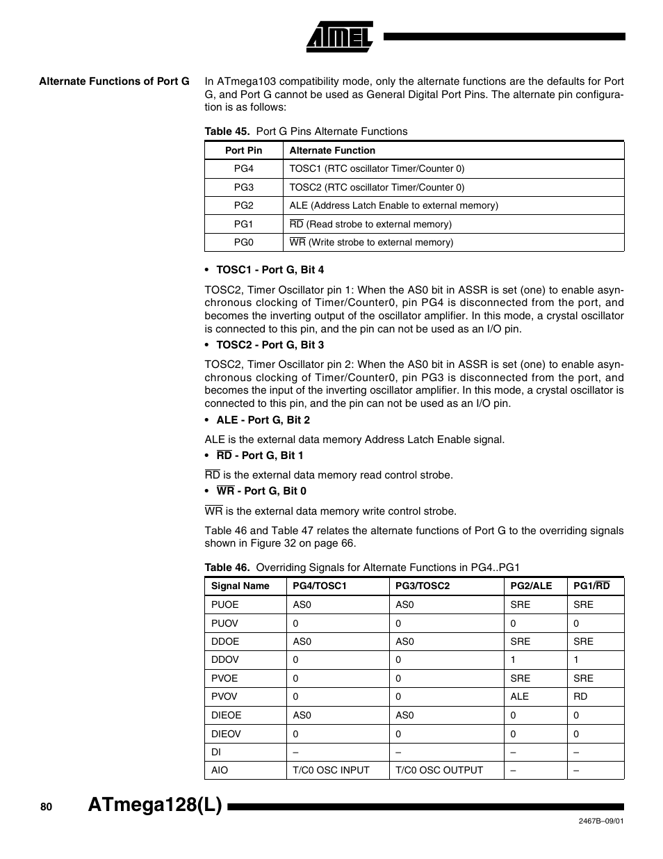 Alternate functions of port g, Atmega128(l) | Rainbow Electronics ATmega128L User Manual | Page 80 / 331
