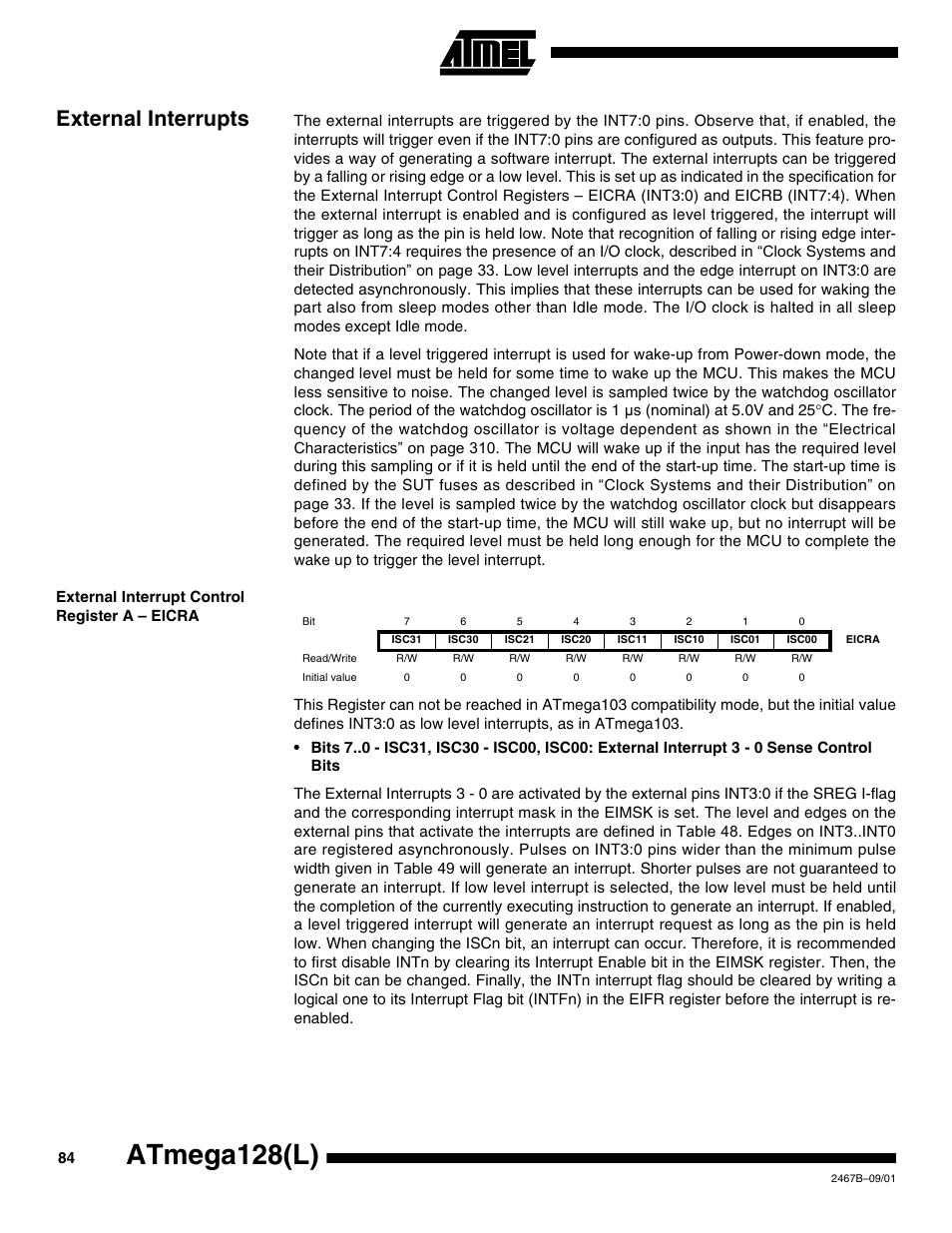 External interrupts, External interrupt control register a – eicra, Atmega128(l) | Rainbow Electronics ATmega128L User Manual | Page 84 / 331