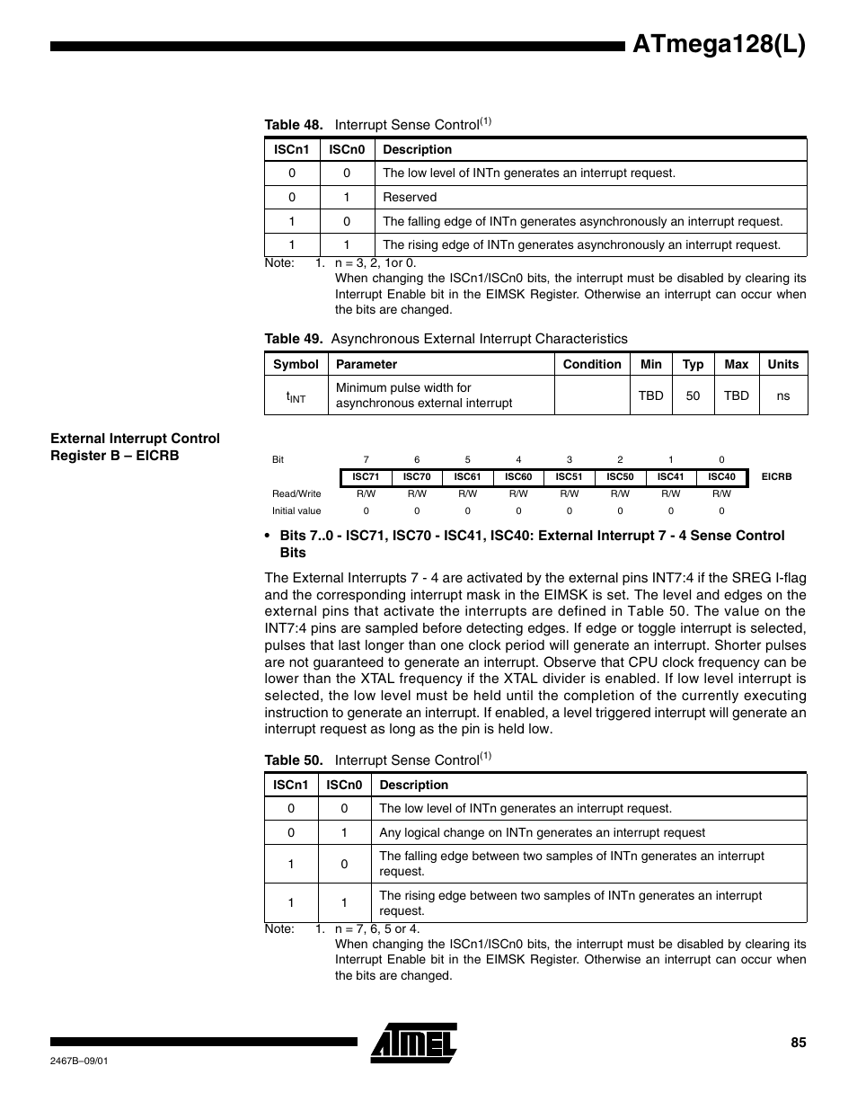 External interrupt control register b – eicrb, Table 48, Table 49 | Atmega128(l) | Rainbow Electronics ATmega128L User Manual | Page 85 / 331