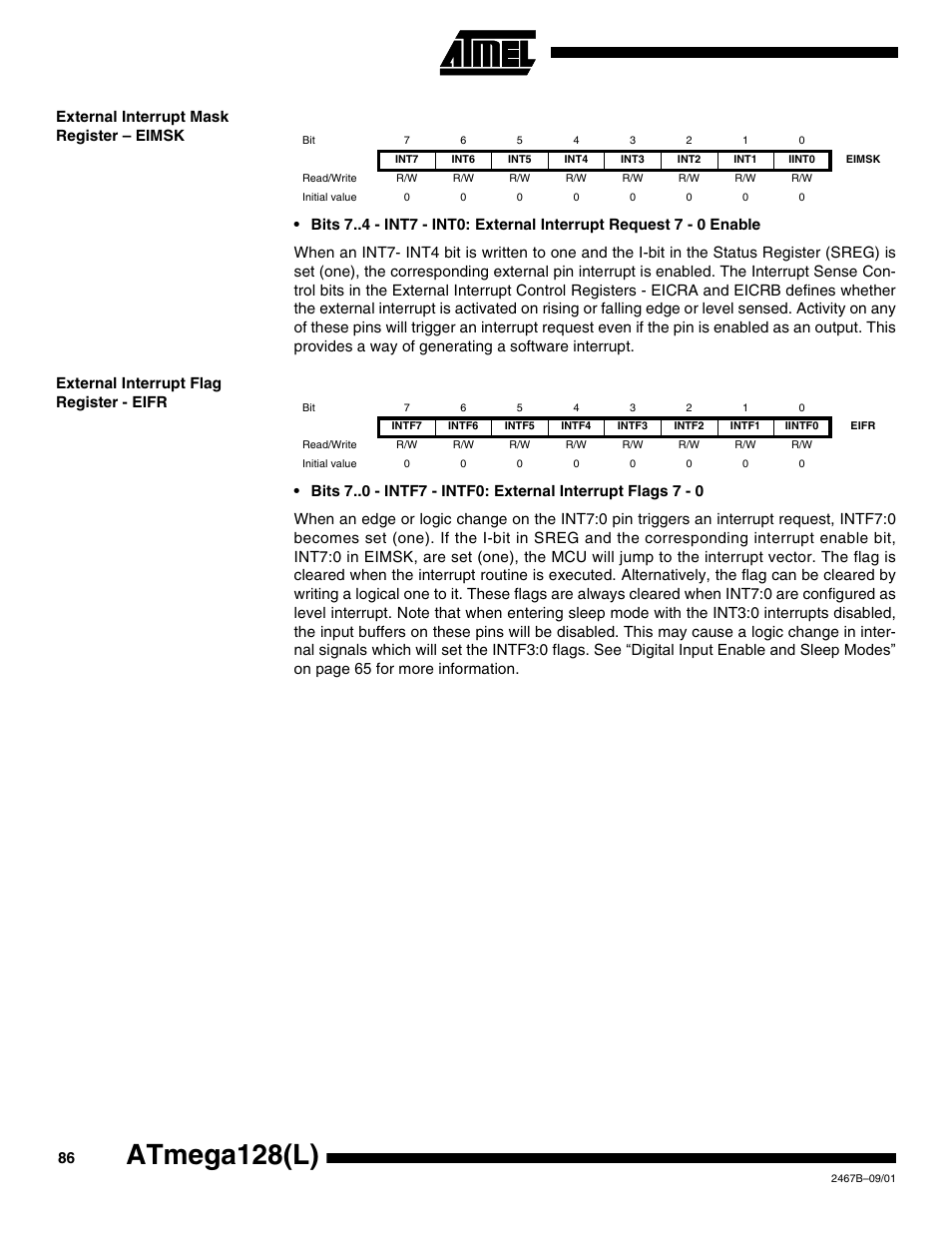 External interrupt mask register – eimsk, External interrupt flag register - eifr, Atmega128(l) | Rainbow Electronics ATmega128L User Manual | Page 86 / 331