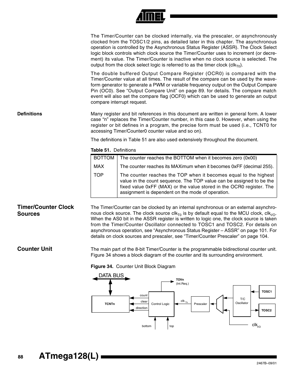 Definitions, Timer/counter clock sources, Counter unit | Atmega128(l), Data bus | Rainbow Electronics ATmega128L User Manual | Page 88 / 331