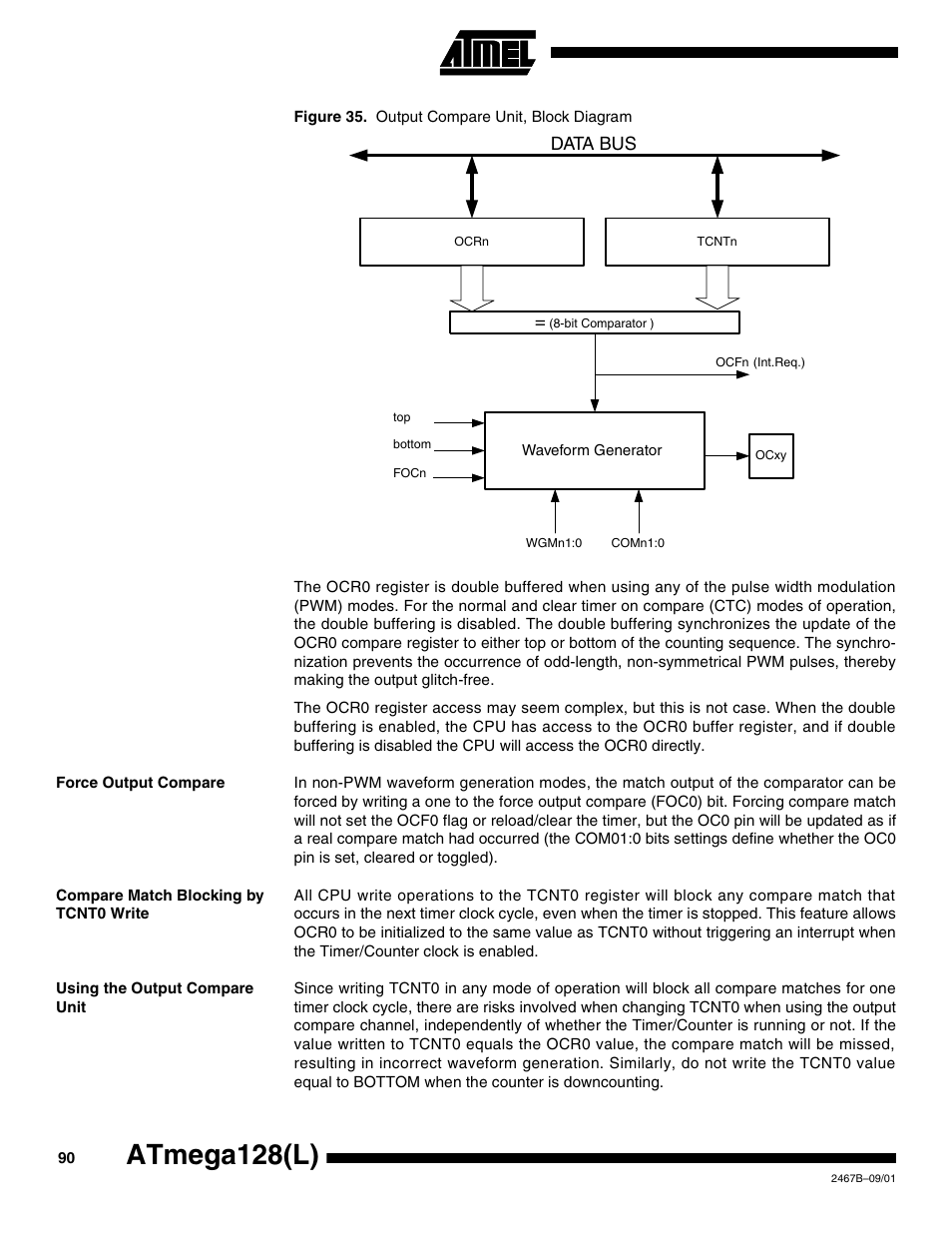 Force output compare, Compare match blocking by tcnt0 write, Using the output compare unit | Atmega128(l), Data bus | Rainbow Electronics ATmega128L User Manual | Page 90 / 331