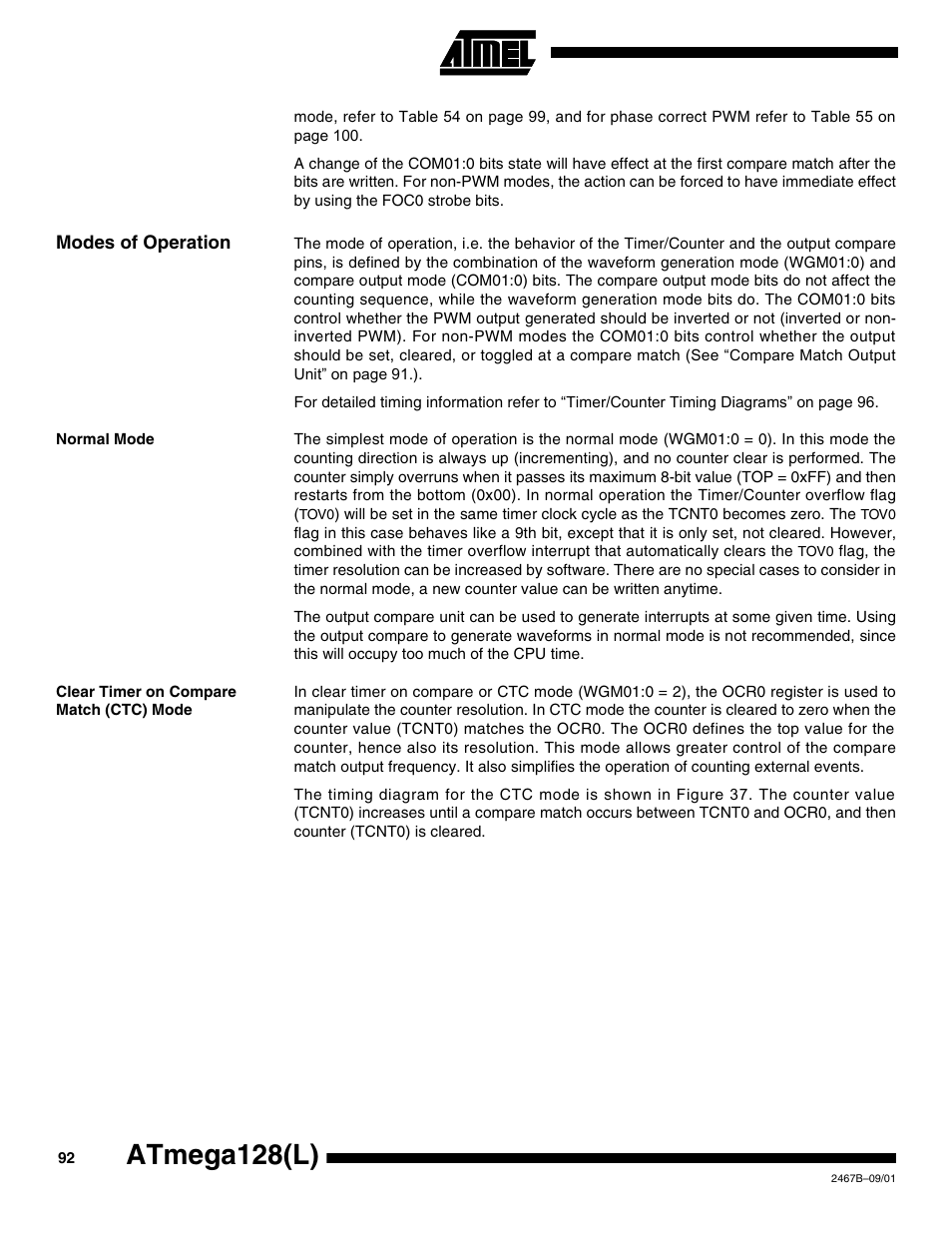 Modes of operation, Normal mode, Clear timer on compare match (ctc) mode | Atmega128(l) | Rainbow Electronics ATmega128L User Manual | Page 92 / 331