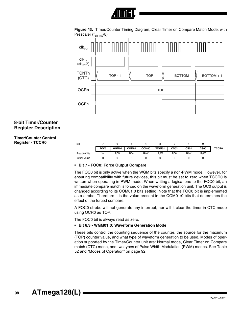 Bit timer/counter register description, Timer/counter control register - tccr0, Bit timer/counter register description” on | And figure 43 sh, Atmega128(l) | Rainbow Electronics ATmega128L User Manual | Page 98 / 331
