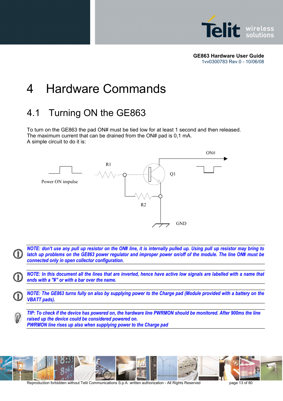 4 hardware commands, 1 turning on the ge863 | Rainbow Electronics GE863-PY User Manual | Page 13 / 80