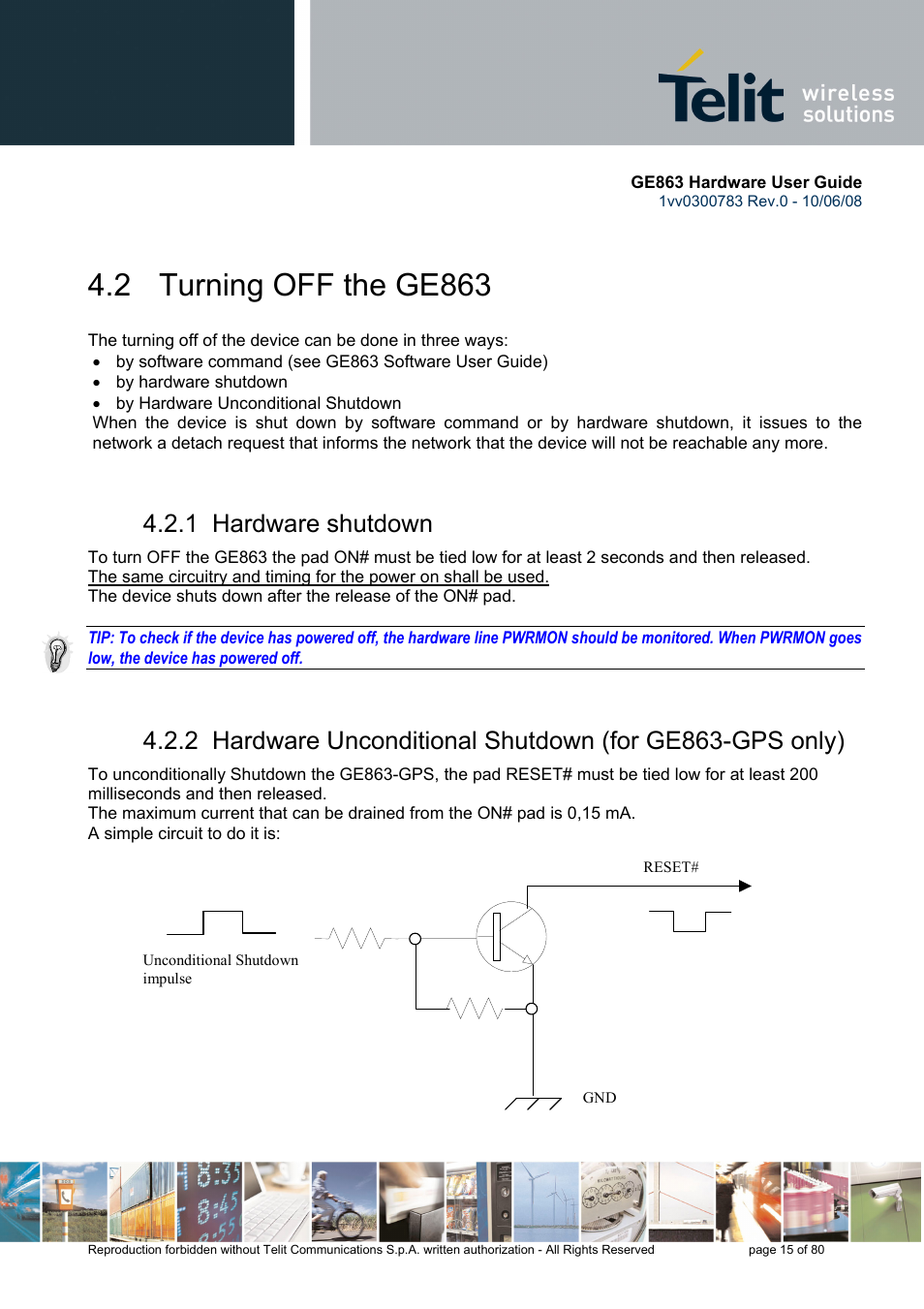 2 turning off the ge863, 1 hardware shutdown | Rainbow Electronics GE863-PY User Manual | Page 15 / 80