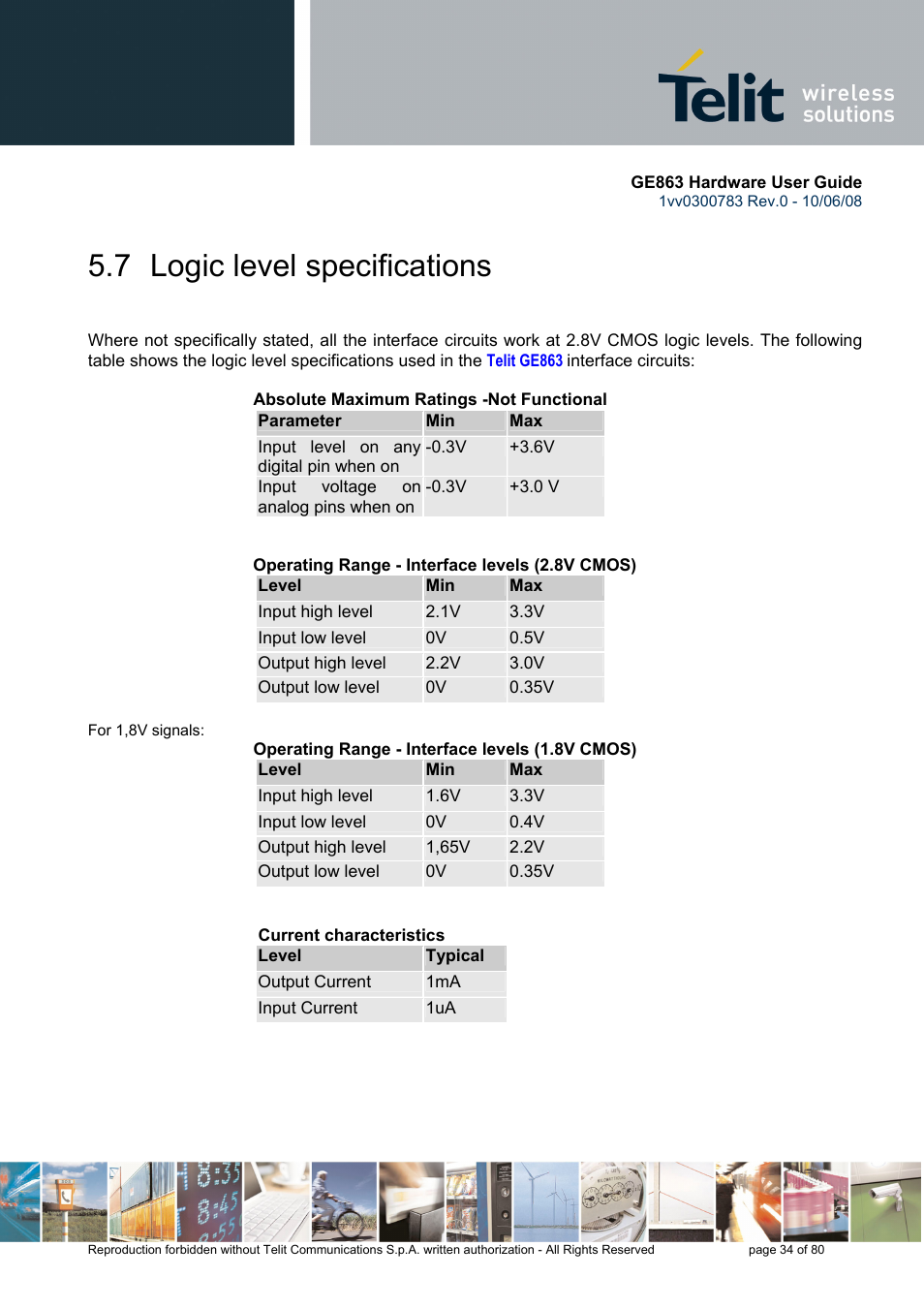 7 logic level specifications | Rainbow Electronics GE863-PY User Manual | Page 34 / 80