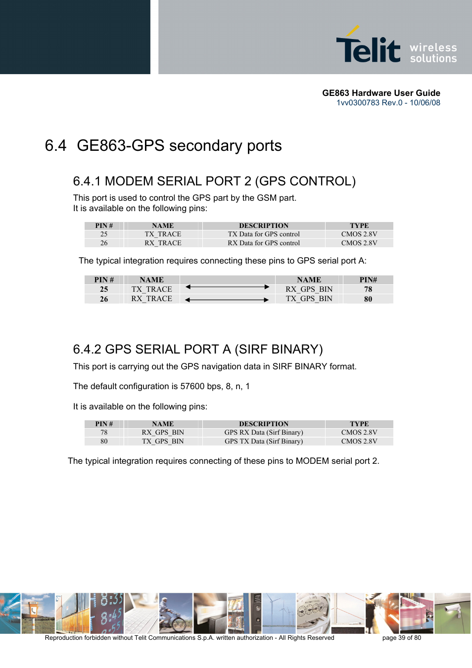 4 ge863-gps secondary ports, 1 modem serial port 2 (gps control), 2 gps serial port a (sirf binary) | Rainbow Electronics GE863-PY User Manual | Page 39 / 80