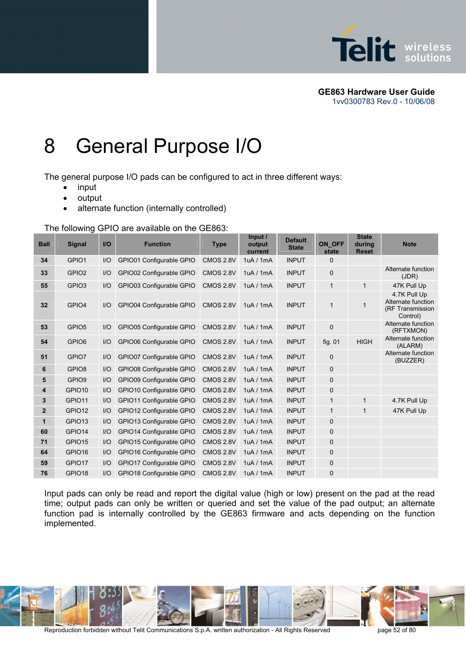 8 general purpose i/o, Ge863 hardware user guide | Rainbow Electronics GE863-PY User Manual | Page 52 / 80