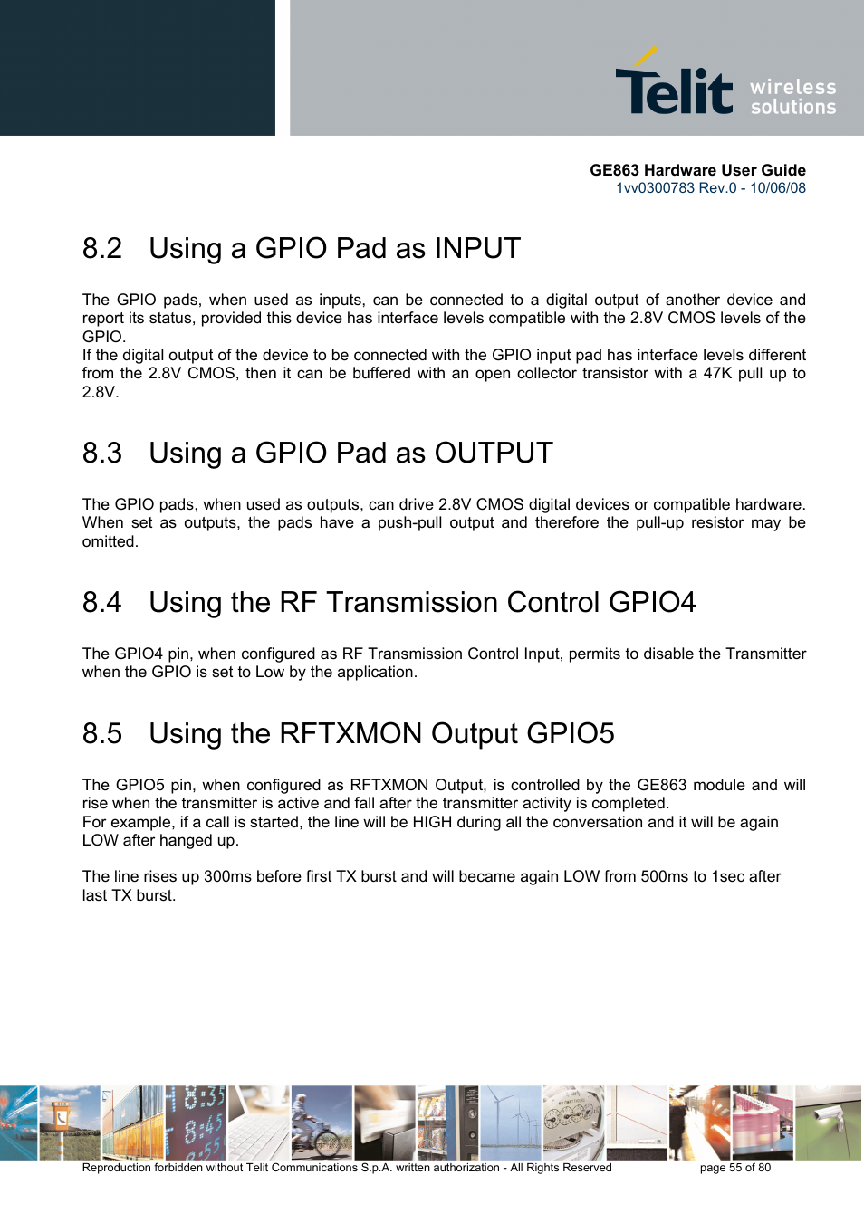 2 using a gpio pad as input, 3 using a gpio pad as output, 4 using the rf transmission control gpio4 | 5 using the rftxmon output gpio5 | Rainbow Electronics GE863-PY User Manual | Page 55 / 80