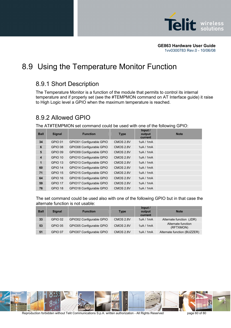 9 using the temperature monitor function, 1 short description, 2 allowed gpio | Ge863 hardware user guide | Rainbow Electronics GE863-PY User Manual | Page 60 / 80