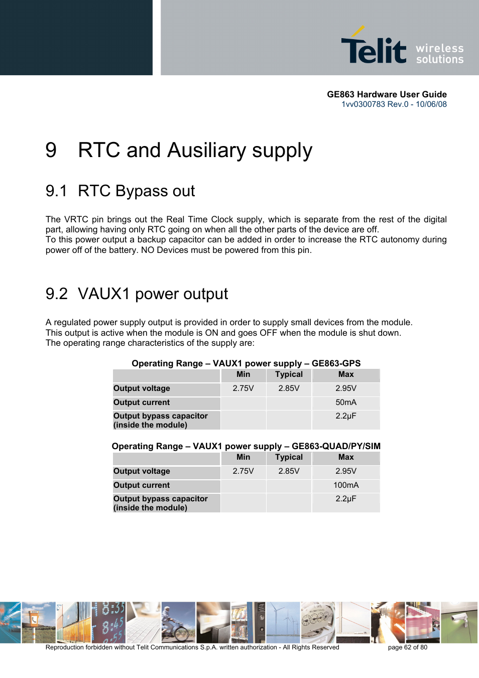 9 rtc and ausiliary supply, 1 rtc bypass out, 2 vaux1 power output | Rainbow Electronics GE863-PY User Manual | Page 62 / 80