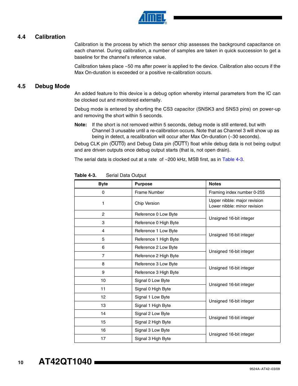 4 calibration, 5 debug mode | Rainbow Electronics AT42QT1040 User Manual | Page 10 / 18
