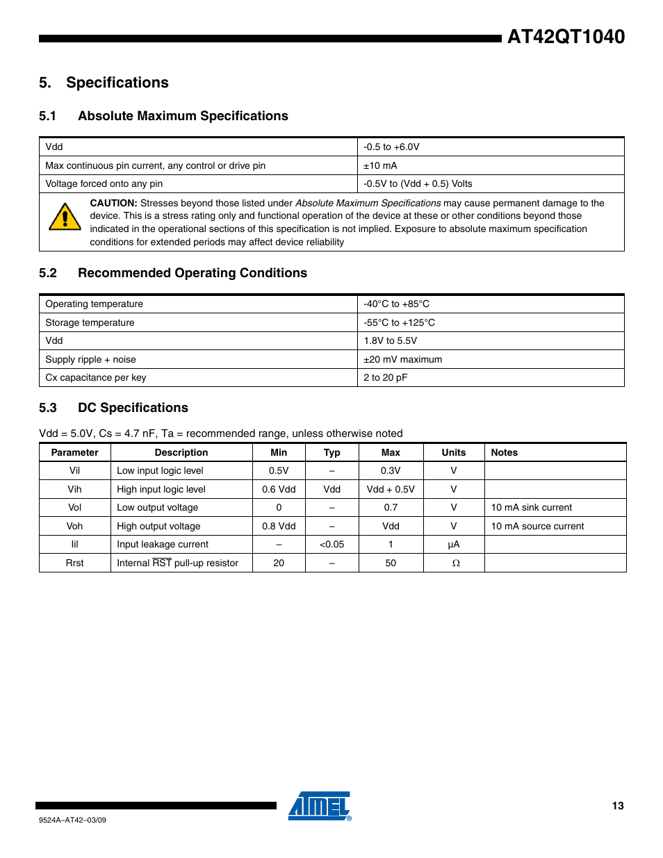 Specifications, 1 absolute maximum specifications, 2 recommended operating conditions | 3 dc specifications | Rainbow Electronics AT42QT1040 User Manual | Page 13 / 18