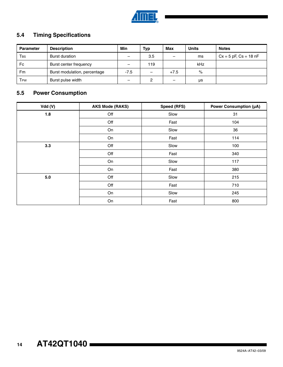 4 timing specifications, 5 power consumption, 4 timing specifications 5.5 power consumption | Rainbow Electronics AT42QT1040 User Manual | Page 14 / 18