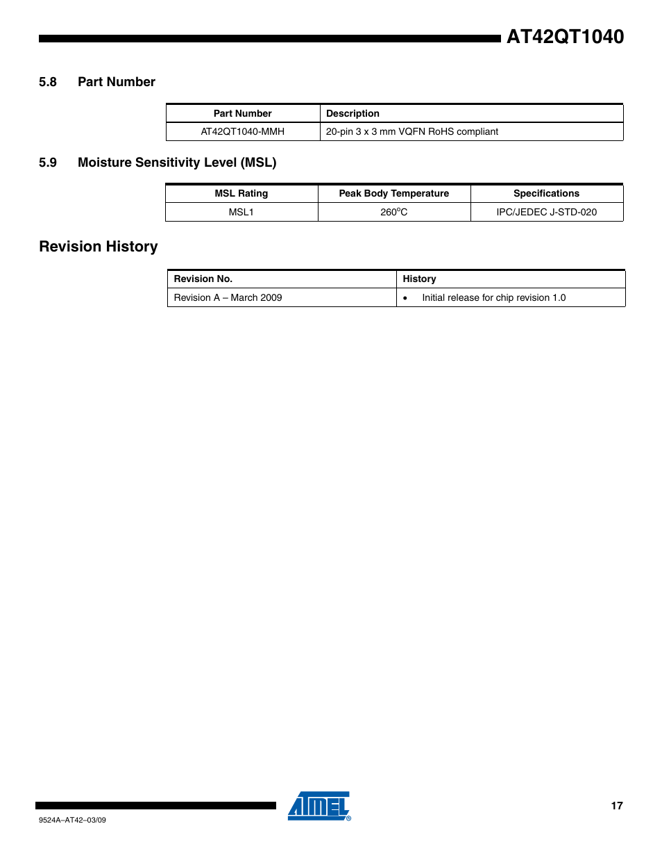 8 part number, 9 moisture sensitivity level (msl), Revision history | Rainbow Electronics AT42QT1040 User Manual | Page 17 / 18