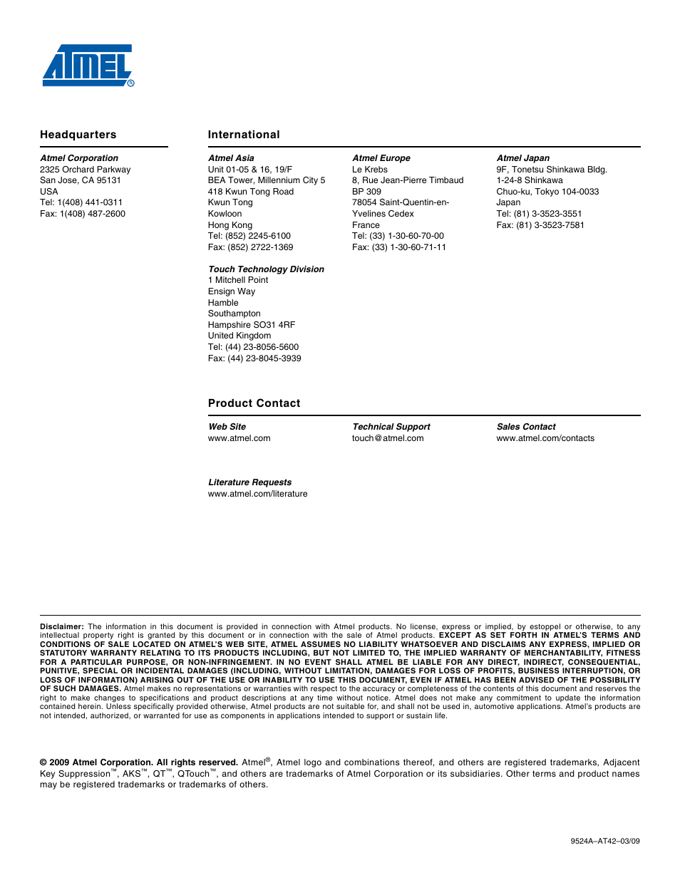 Headquarters international, Product contact | Rainbow Electronics AT42QT1040 User Manual | Page 18 / 18