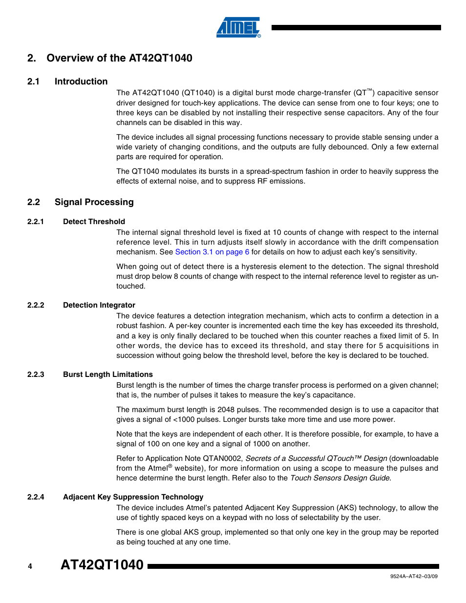 Overview of the at42qt1040, 1 introduction, 2 signal processing | 1 detect threshold, 2 detection integrator, 3 burst length limitations, 4 adjacent key suppression technology | Rainbow Electronics AT42QT1040 User Manual | Page 4 / 18