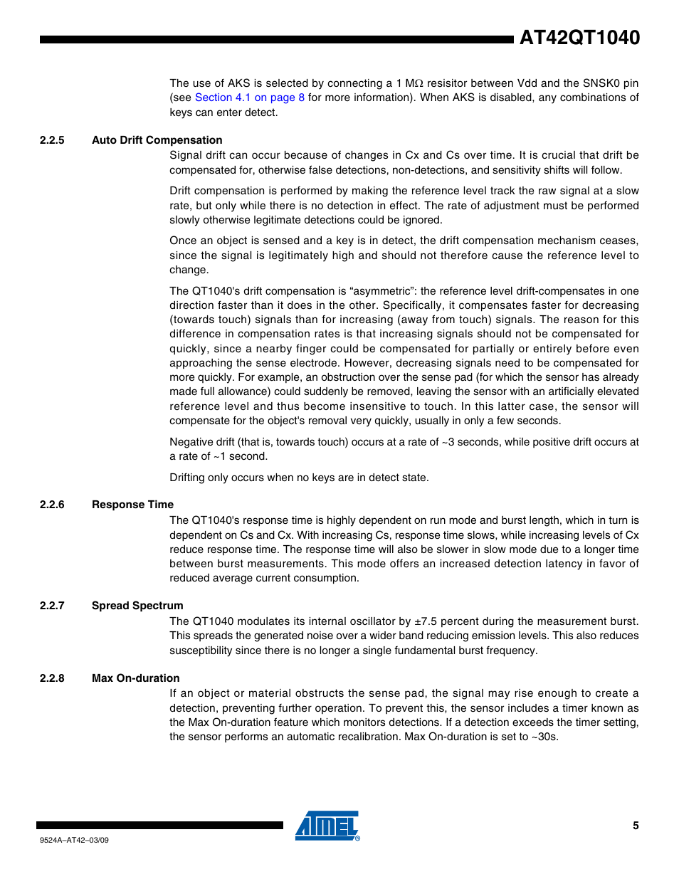 5 auto drift compensation, 6 response time, 7 spread spectrum | 8 max on-duration | Rainbow Electronics AT42QT1040 User Manual | Page 5 / 18