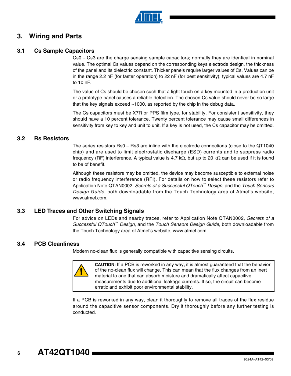 Wiring and parts, 1 cs sample capacitors, 2 rs resistors | 3 led traces and other switching signals, 4 pcb cleanliness | Rainbow Electronics AT42QT1040 User Manual | Page 6 / 18