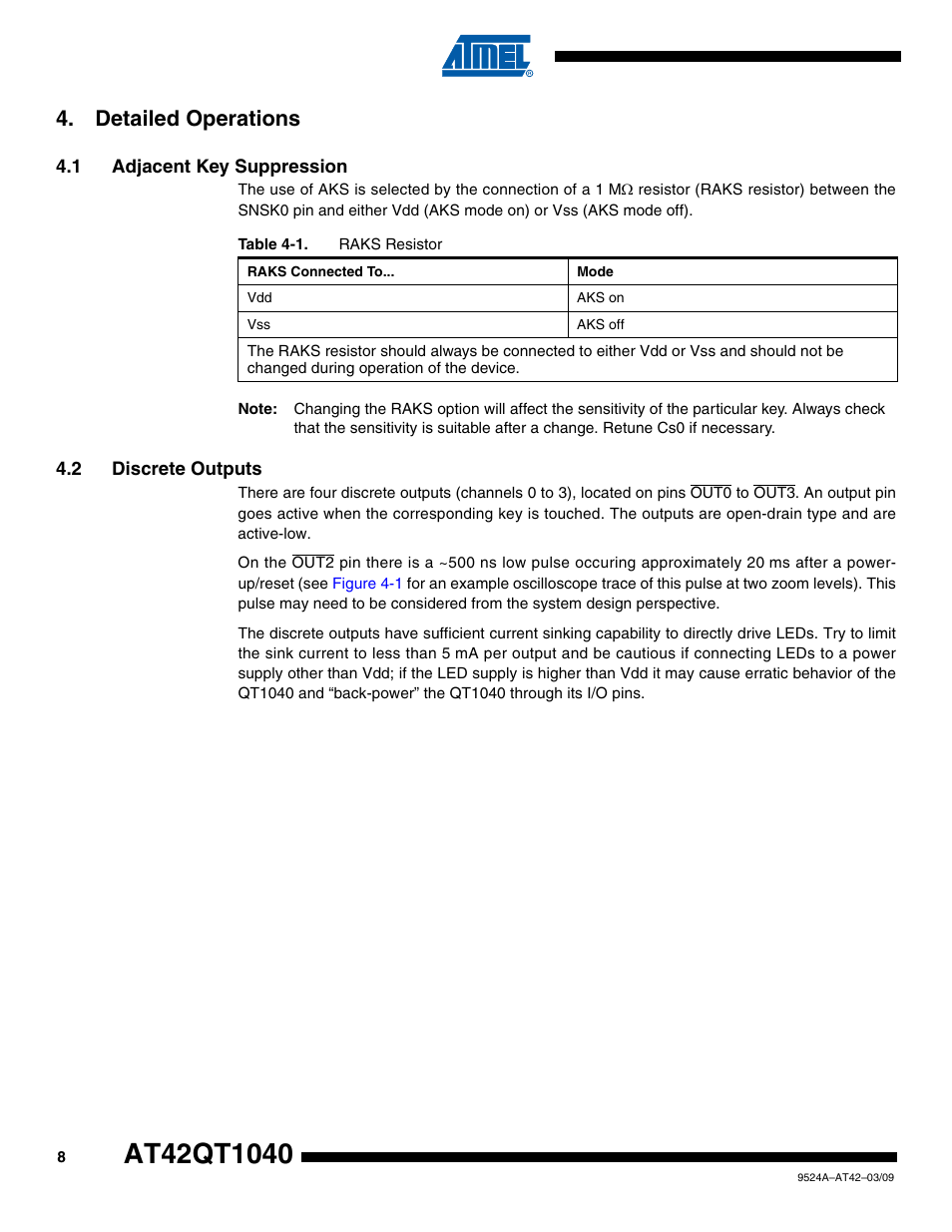 Detailed operations, 1 adjacent key suppression, 2 discrete outputs | Rainbow Electronics AT42QT1040 User Manual | Page 8 / 18